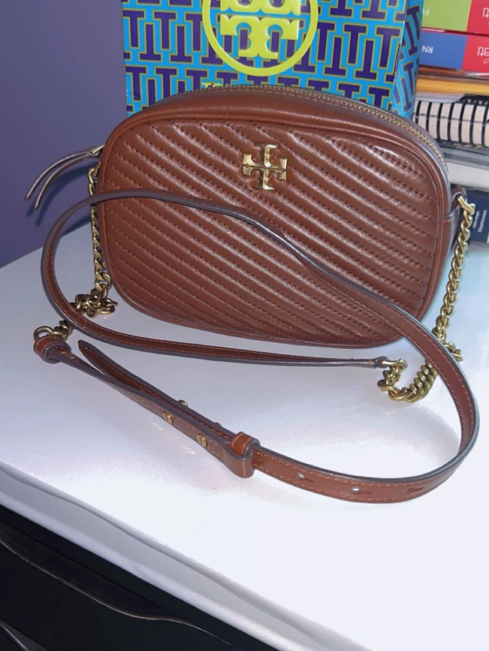 Tory Burch Brown Quilted Leather Mini Crossbody with Gold Logo